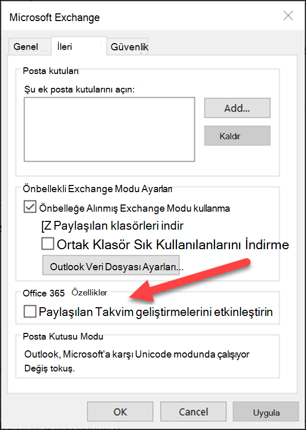 Paylaşılan takvim geliştirmelerini bir onay kutusuyla etkinleştirebilirsiniz.