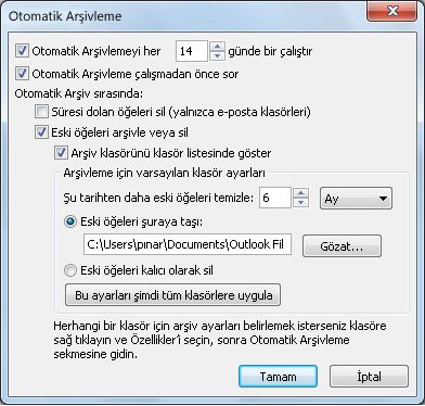 Otomatik Arşiv ayarları iletişim kutusu