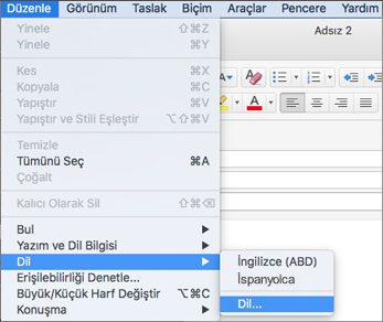 Outlook 2016 for MacMac için Outlook 2016 Edit > Dil menüsü