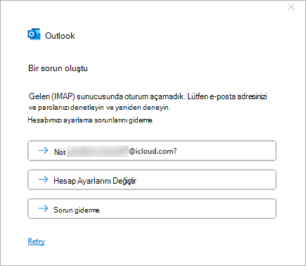iCloud hesabı eklerken Bir sorun oluştu hata iletisinin ekran görüntüsü
