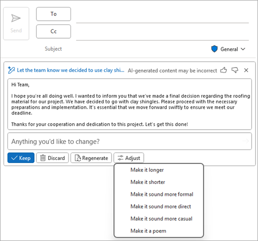 Copilot taslağının bulunduğu Outlook Klasik posta sayfasını ve Ayarla seçeneklerinin görüntülendiğini gösterir.