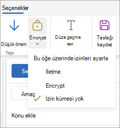 ComposeCompose yeni bir ileti oluşturun, şeritteki Seçenekler'i seçin ve ardından iletiniz için üç izin seçeneğini görmek için Şifrele'yi seçin.