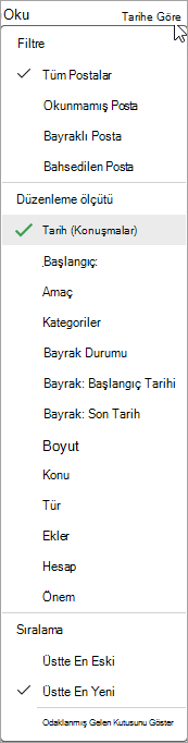 İletileri sırala açılan listesinin ekran görüntüsü
