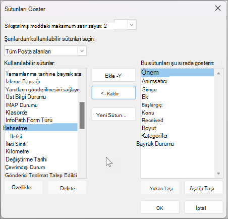 Outlook'ta sütunların ayarlarını görüntüleme