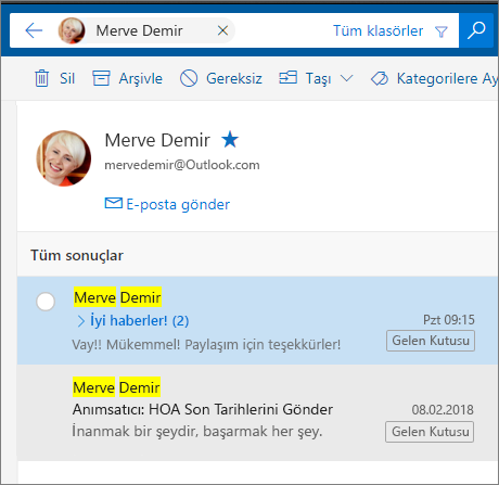 Tüm e-posta iletilerini görmek için bir kişiyi arama