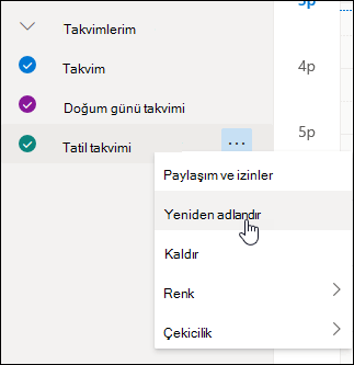 Yeniden adlandır seçiliyken takvim bağlam menüsünün ekran görüntüsü
