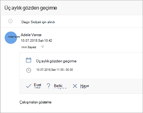 Bir temsilciye gönderilen toplantı isteğini gösteren ekran görüntüsü