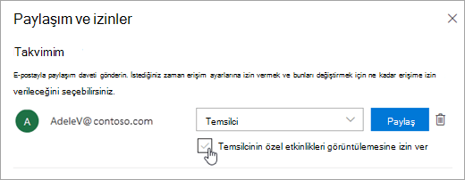 Temsilcinin özel etkinlikleri görüntülemesine izin ver onay kutusunu gösteren ekran görüntüsü