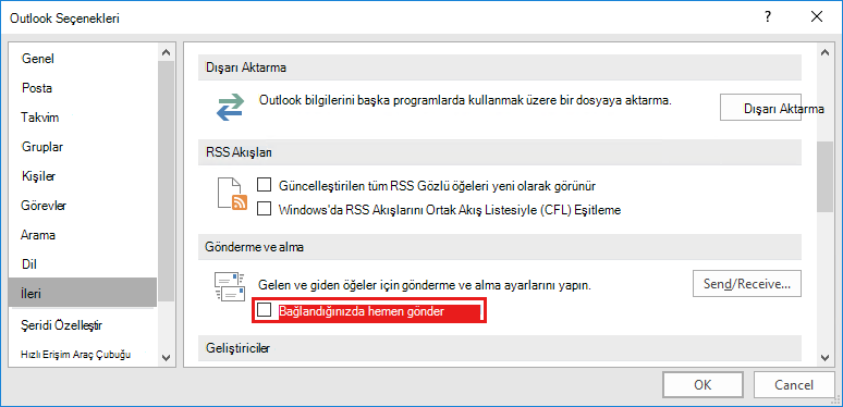 Outlook Gönder/Al seçeneği