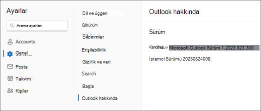 Genel ve Outlook Hakkında vurgulanmış olarak yeni Windows için Outlook sürüm bilgilerinin resmi.