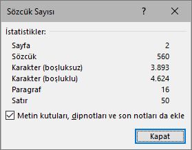 Bir belgedeki sözcük ve sayfa sayısını gösterir.