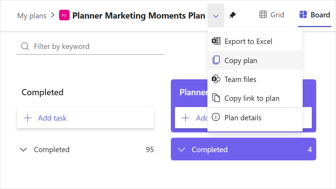 Planner'da planı kopyalama seçeneğini gösteren plan adının yanındaki açılan menünün kırpılmış ekran görüntüsü.