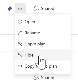 Planner'da Planlarım'da bir planın bağlam menüsünde gizle seçeneğini gösteren bir imleç