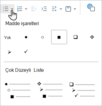Web için PowerPoint'da kullanabileceğiniz çeşitli madde işareti seçeneklerini gösteren ekran görüntüsü.