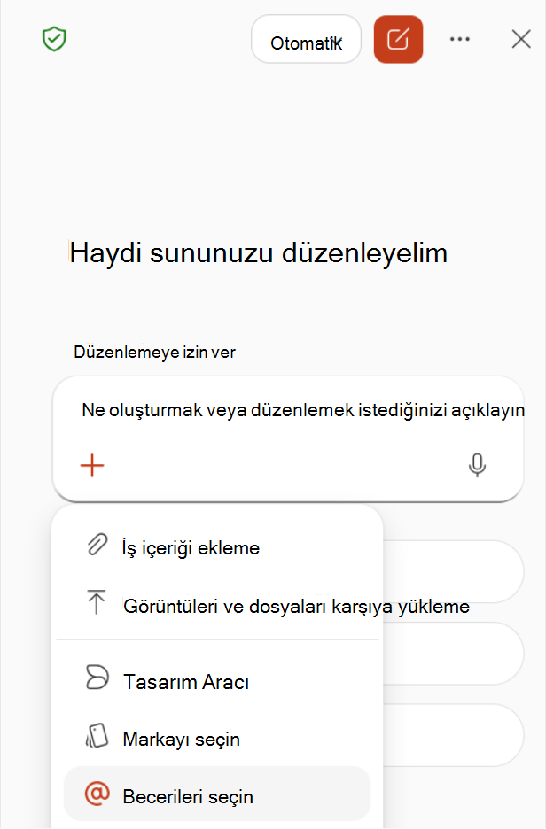 Copilot bölmesindeki artı menüsünden Becerileri seç'i seçmeyi gösteren ekran görüntüsü.