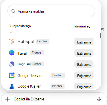 PowerPoint'te kullanılabilir veri kaynakları ve Bağlan düğmeleriyle bağlayıcı listesini gösteren ekran görüntüsü.