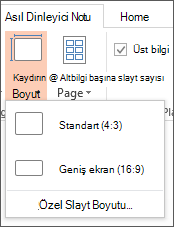 Slayt boyutu seçeneğini gösteren ekran görüntüsü