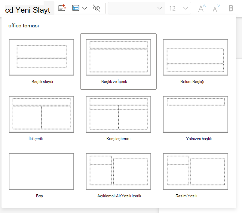 Web için PowerPoint Giriş sekmesindeki Yeni Slayt açılan menüsü