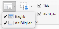 Ekran görüntüsü, Asıl Düzen grubunda sağlanan Başlık ve Alt Bilgi seçeneklerini gösterir.