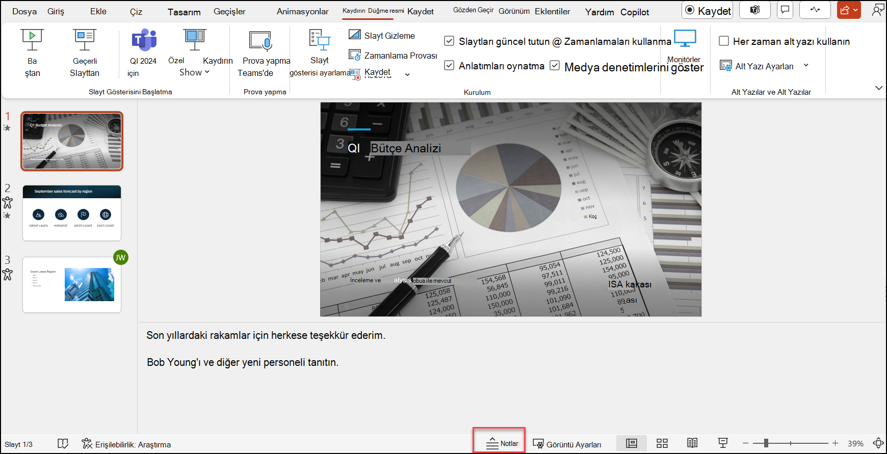 PowerPoint'teki Konuşmacı Notları bölmesini gösterir
