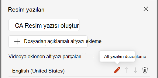 Açıklamalı Alt Yazılar bölmesinde, bir açıklamalı alt yazı parçası için Alt Yazıları Düzenle düğmesi.