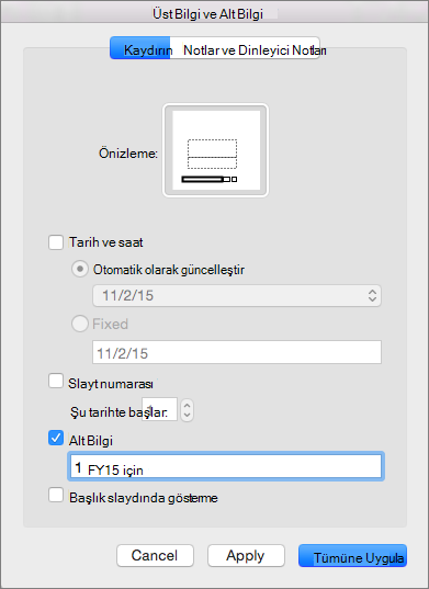 Üst Bilgi & Alt Bilgi kutusundaki Slayt sekmesindeki Alt Bilgi onay kutusu