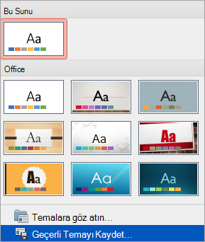Diğer menüsünde Geçerli Temayı Kaydet seçeneğini gösterir
