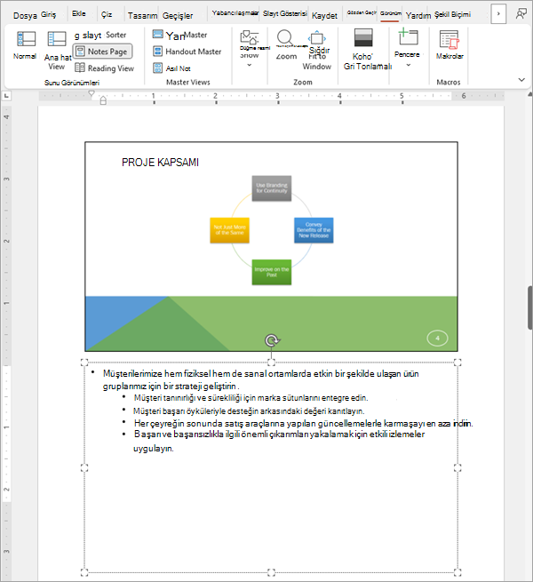 PowerPoint slayt destesindeki bir slaydı ilişkili notlarıyla birlikte gösteren ekran görüntüsü.