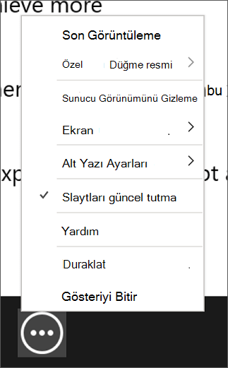 Slaytları Güncel Tut seçeneğini seçili olarak gösteren Diğer slayt gösterisi seçenekleri menüsünün ekran görüntüsü.