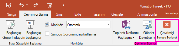 PowerPoint’te Çevrimiçi Sunuyu Sonlandır düğmesini gösterir