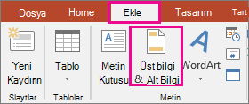 PowerPoint'te Üst Bilgi Ekle > düğmesini gösterir