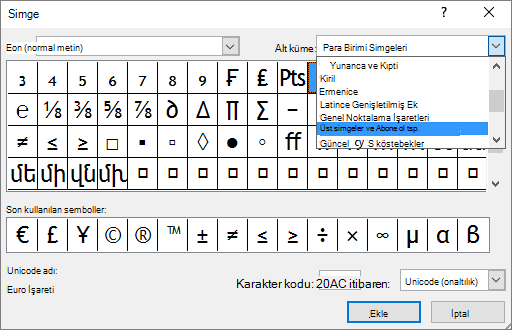 PowerPoint’teki Simge iletişim kutusunda Alt simge ve Üst simge alt kümesini gösterir