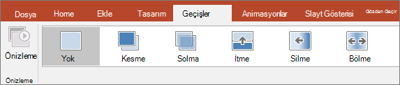 PowerPoint şeridinde Geçişler sekmesi.
