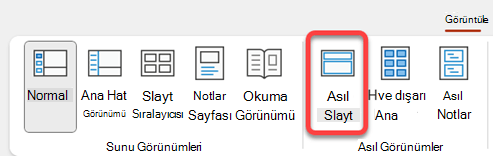 PowerPoint'te Görünüm sekmesindeki Asıl Slayt düğmesi.