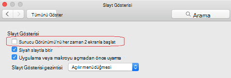 Slayt Gösterisi iletişim kutusunda, Sunucu Görünümü'nü her zaman 2 ekran ile başlat onay kutusunu temizleyin.