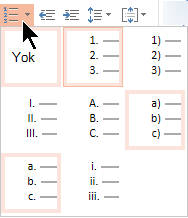 PowerPoint Online'da numaralandırılmış liste stilleri galerisi