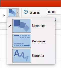 Mac için PowerPoint 2016’da Dönüşüm Geçişi’ne ait Efekt Seçenekleri’ni gösterir