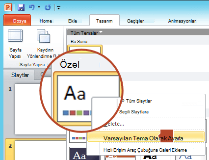 Özel başlığı altında listelenen yeni temaya sağ tıklayın ve Varsayılan Tema Olarak Ayarla'yı seçin.