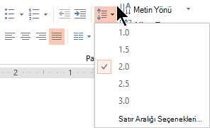 Şeritteki Satır Aralığı menü seçenekleri tek aralık, çift aralık veya diğer dikey satır aralığı seçeneklerini belirlemenize olanak tanır.
