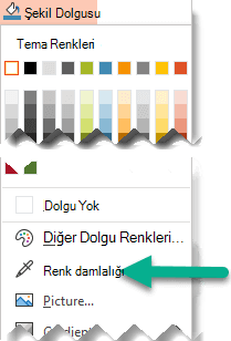 Renk Damlalığı aracı, Şekil Dolgusu menüsünde yer alır.