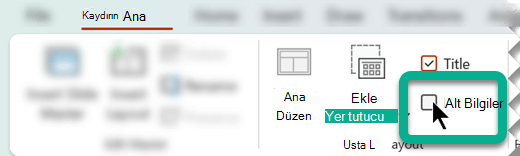 Asıl Slayt sekmesinin Asıl Düzen grubunda Alt Bilgiler kutusunu seçin.