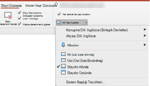 Açıklamalı Alt Yazılar ve Alt Yazılar ayarları, PowerPoint'te Slayt Gösterisi sekmesindedir.