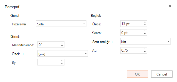 Paragraf iletişim kutusunda yatay hizalamayı, sol kenar boşluğundaki girintiyi ve satır aralığını ayarlama seçenekleri vardır.