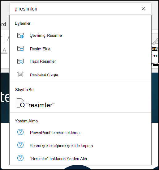 PowerPoint'te aranan resimlerle birlikte İş Başında Arama kutusu,