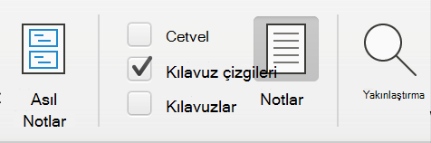 Microsoft PowerPoint'te Görünüm sekmesinin altındaki Kılavuz Çizgileri onay kutusunun ekran görüntüsü.