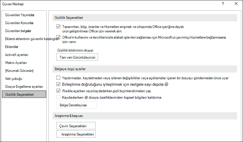 Office Güven Merkezi gizlilik seçenekleri