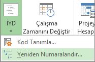 Proje sekmesinin, ÇÇY düğmesinin ve açılır menüdeki Yeniden Numaralandır komutunun resmi.