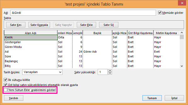 Tablo Tanımı iletişim kutusu