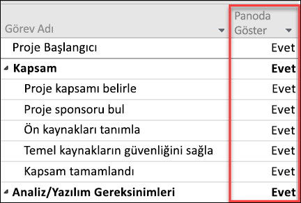 Görevler için Panoda Göster ayarı