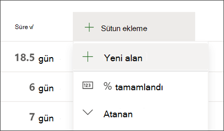 Sütun başlığı ekle ve Yeni alan seçeneğini gösteren Project'in ekran görüntüsü